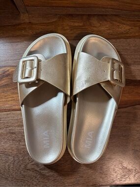 MIA Metallic Gold Buckle Crossover Slide Sandals